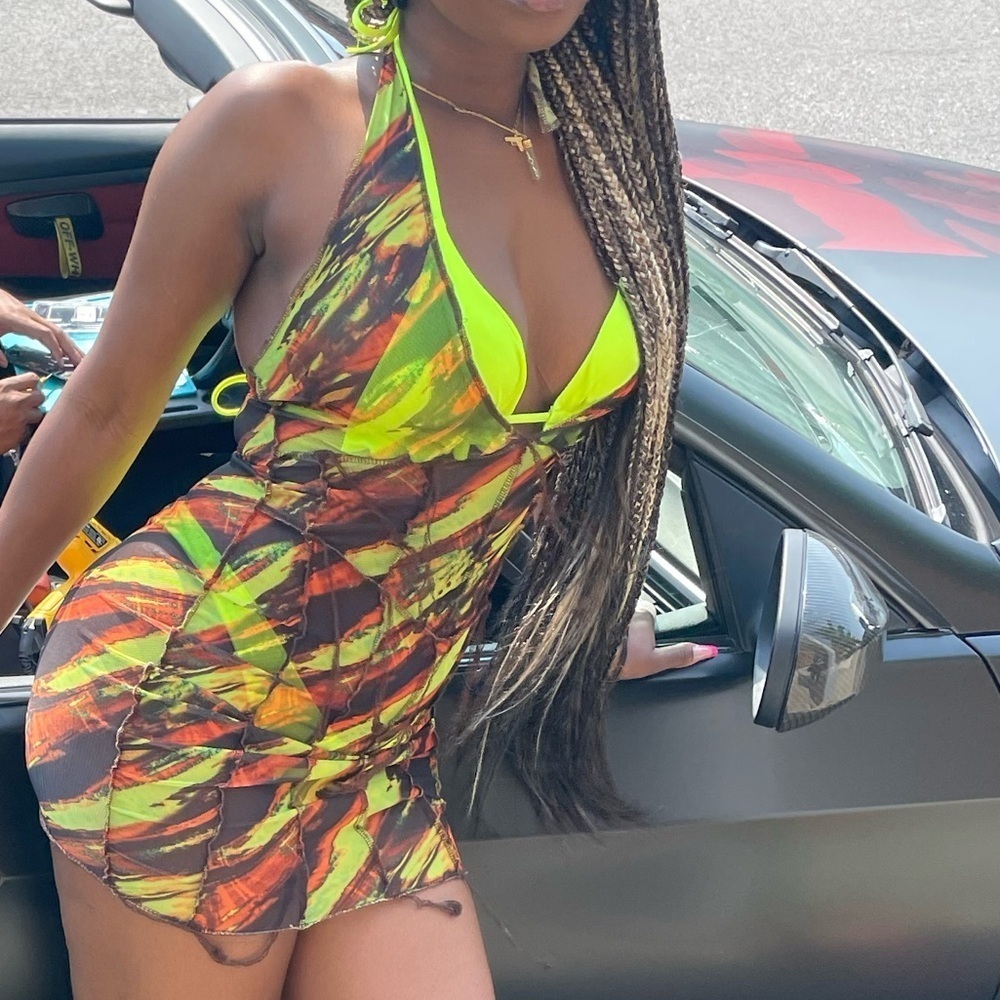 PrettyLittleThing Brown Orange Neon Green Mini Mesh Swim Cover Up Halter Dress - Picture 4 of 6